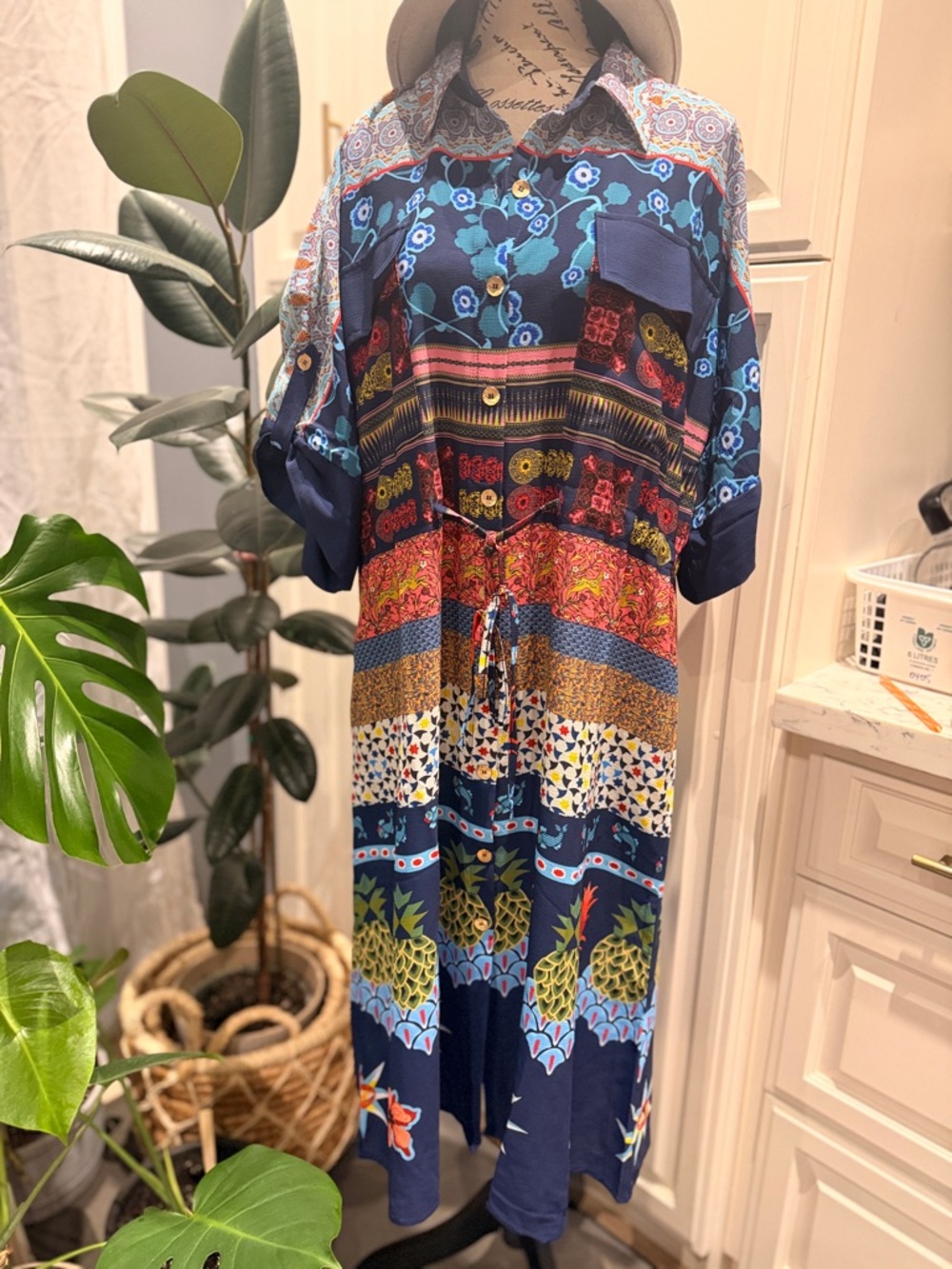 Shannon Passero Bohemian Patchwork Floral Maxi Shirt Dress - Navy Multi